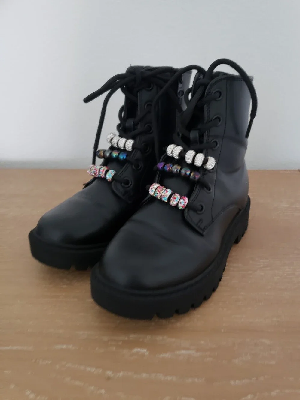 Girls Black Lace-Up Combat Boots with Decorative Beads